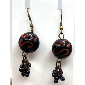 Black Bead Dangle Earrings With Red Swirl & Cluster Beads